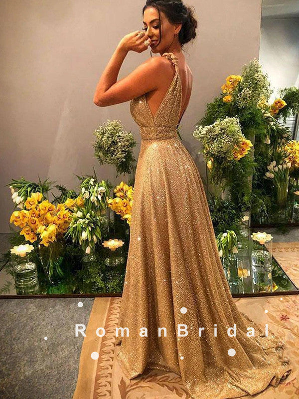 A-Line V-Neck Straps Long Prom Dresses With Gold Sequins,RBPD0092