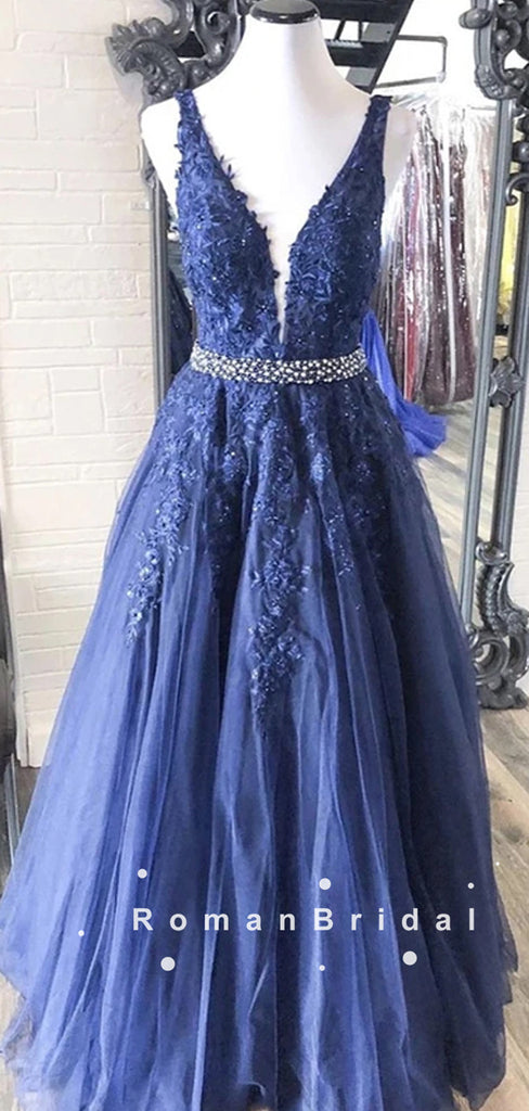 A-Line V-Neck Sleeveless Navy Blue Tulle Lace Long Prom Dresses With Beading,RBPD0094