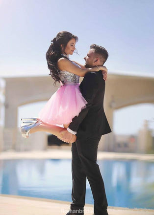 Lovely High Neck Halter Sparkly Sequins Top Pink Skirt Short Homecoming Dresses, HD0378