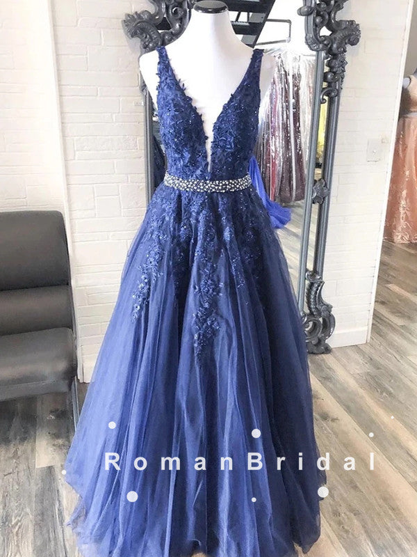 A-Line V-Neck Sleeveless Navy Blue Tulle Lace Long Prom Dresses With Beading,RBPD0094