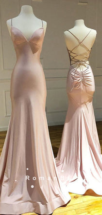 Simple Mermaid V-Neck Spaghetti Straps Cross Back Cheap Long Prom Dresses,RBPD0095