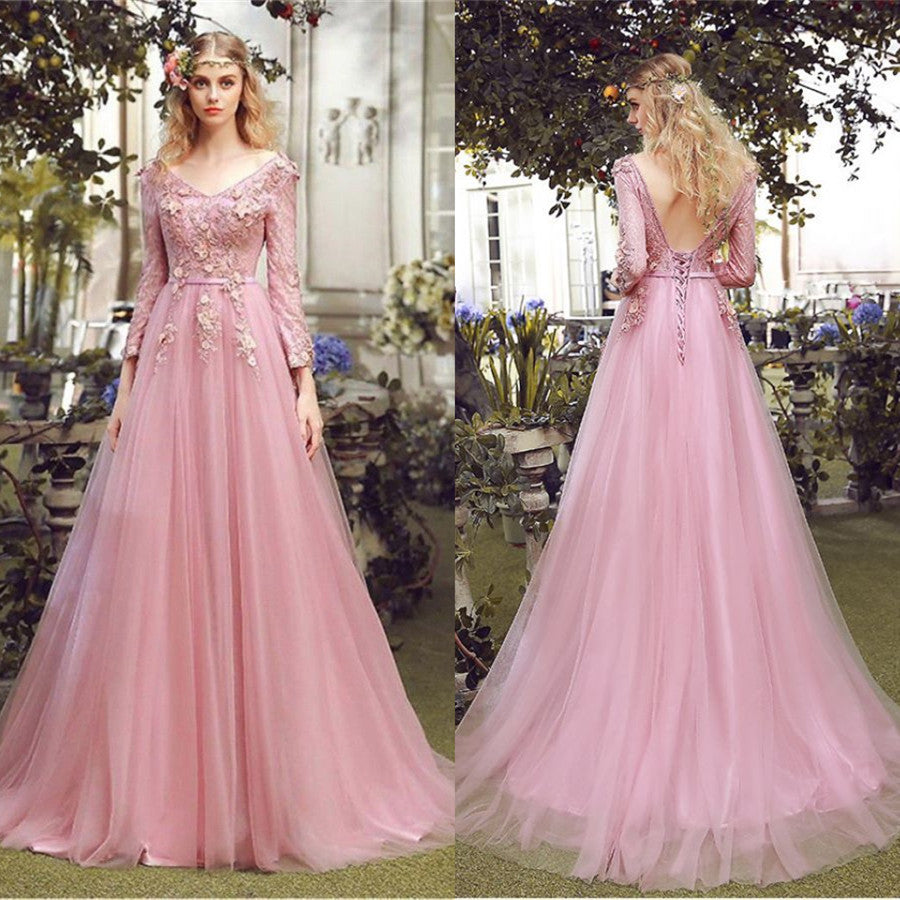 Floor-length A-line V-neck long sleeve evening dress,  Pink lace applique Back strap long prom dresses，PD0517