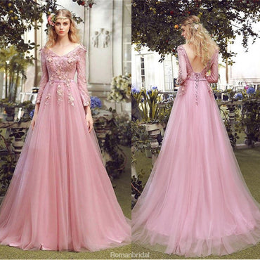 Floor-length A-line V-neck long sleeve evening dress,  Pink lace applique Back strap long prom dresses，PD0517