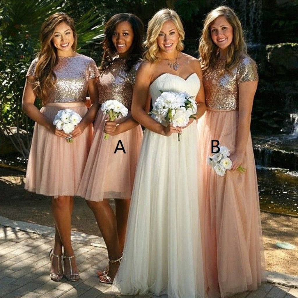 A-line Sequins Top Tulle Skirt Short Sleeves Bridesmaid Dresses, BD0524