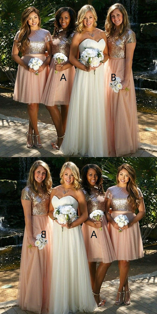 A-line Sequins Top Tulle Skirt Short Sleeves Bridesmaid Dresses, BD0524