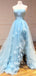 A-Line Strapless Light Blue Tulle Long Prom Dresses With Flowers,RBPD0096