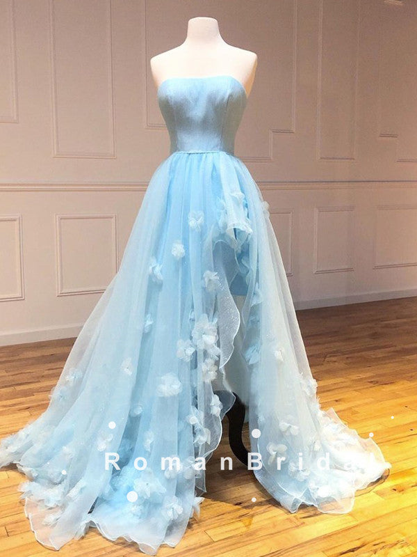 A-Line Strapless Light Blue Tulle Long Prom Dresses With Flowers,RBPD0096