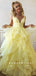 A-Line Deep V-Neck Sleeveless Yellow Tulle Long Prom Dresses,RBPD0097