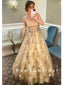 A-Line Deep V-Neck Sleeveless Tulle Long Prom Dresses With Beading,RBPD0098