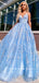 A-Line V-Neck Spaghetti Straps Blue Tulle Long Prom Dresses With Lace,RBPD0099