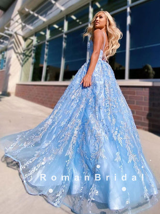 A-Line V-Neck Spaghetti Straps Blue Tulle Long Prom Dresses With Lace,RBPD0099