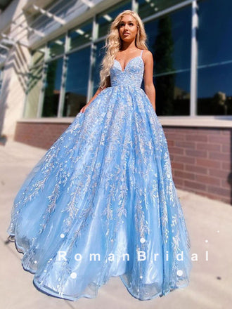 A-Line V-Neck Spaghetti Straps Blue Tulle Long Prom Dresses With Lace,RBPD0099