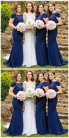 New arrival Floor-length Mermaid Navy blue Cap sleeves Long Bridesmaid Dress, BD0480