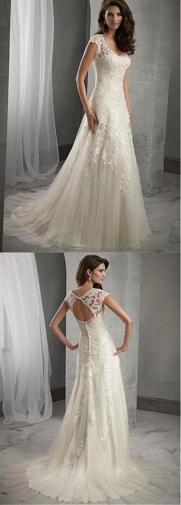 Charming A-line Tulle Scoop Neckline Beaded Lace Appliques wedding dre ...