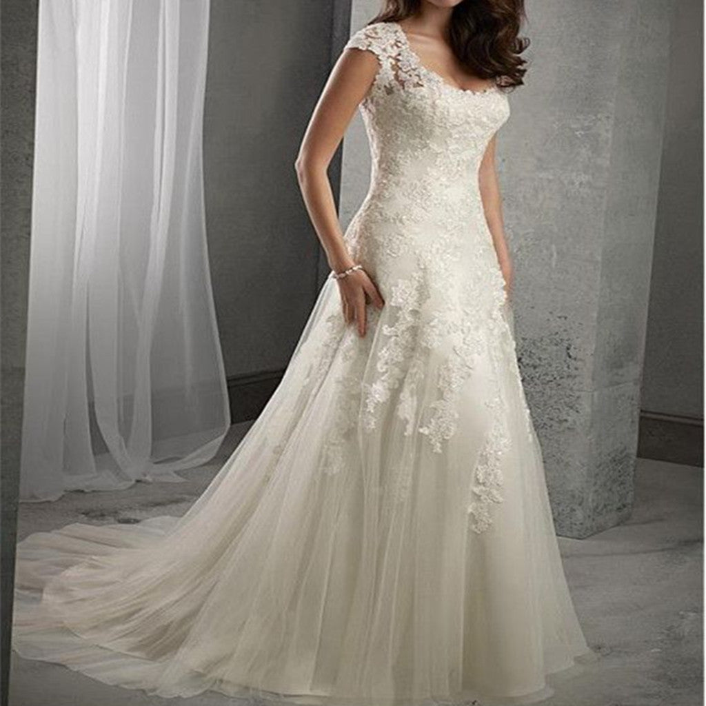 Charming A-line Tulle Scoop Neckline Beaded Lace Appliques wedding dresses, WD0386