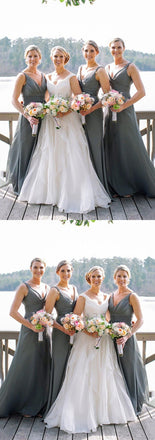 Long Grey V-neck Chiffon Wedding Party Dress, Cheap Simple Bridesmaid Dresses, BD0496