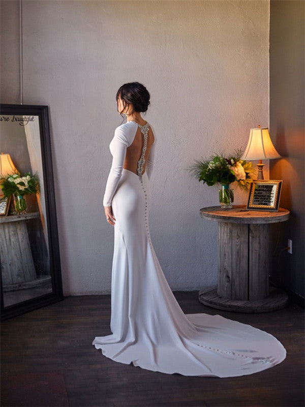 Mermaid Simple White Long Sleeves Backless Wedding Dresses, WD0446