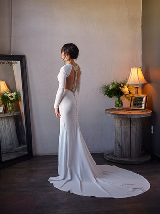 Mermaid Simple White Long Sleeves Backless Wedding Dresses, WD0446