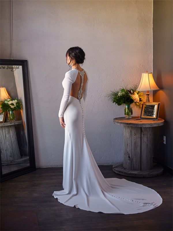 Mermaid Simple White Long Sleeves Backless Wedding Dresses, WD0446 RomanBridal Mermaid Simple White Long Sleeves Backless Wedding Dresses, WD0446 RomanBridal