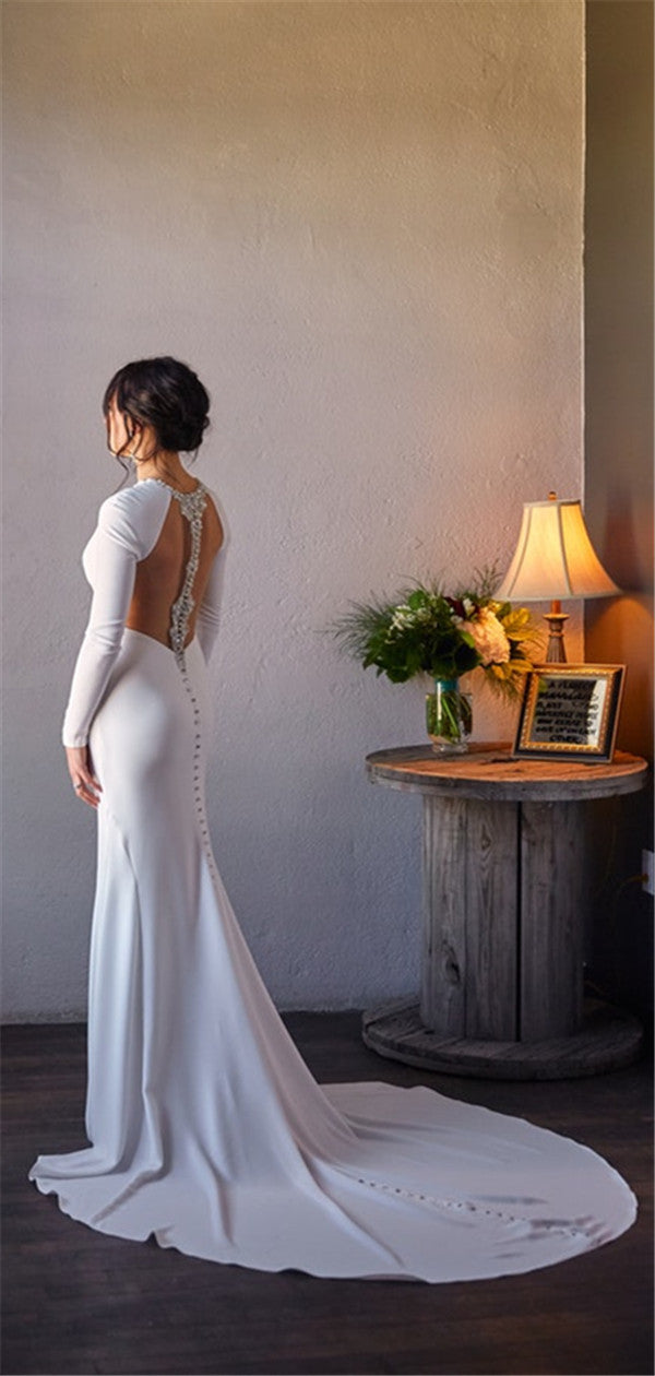 Mermaid Simple White Long Sleeves Backless Wedding Dresses, WD0446 – RomanBridal