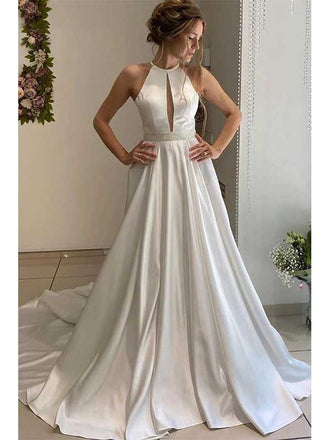 A-line Halter Neckline Backless Long Satin With Beading Belt Wedding Dress, WD0502