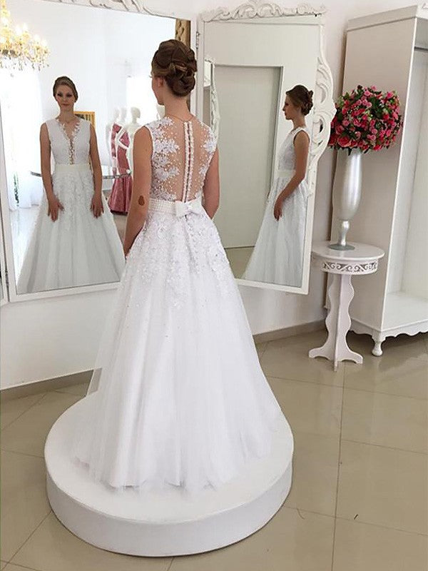 A-line Floor-length Appliques Deep V-neck Sleeveless Wedding Dresses, WD0413