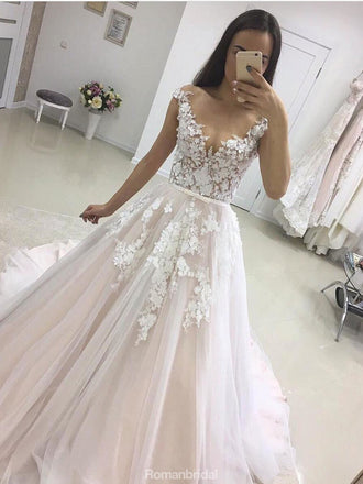 A-line Off-shoulder V-neck Lace Appliques Wedding Dresses With Train, WD0414