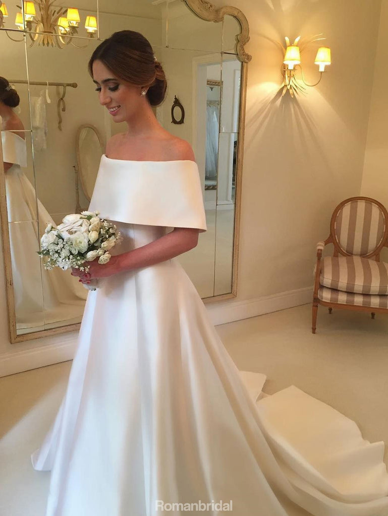 Gorgeous A-line Off-shoulder Simple Cheap Wedding Dresses With Train, WD0415