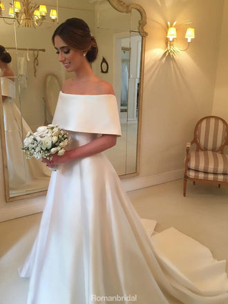 Gorgeous A-line Off-shoulder Simple Cheap Wedding Dresses With Train, WD0415
