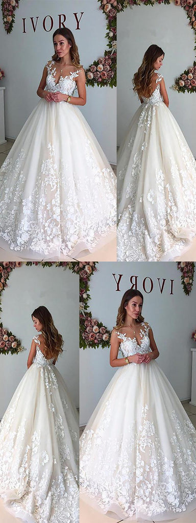 A-line Sleeveless Lace Appliques Backless Wedding Dresses With Train, WD0410