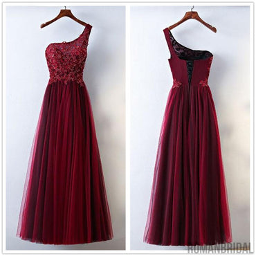 Popular A-line one shoulder tulle modest burgundy Evening dress long Prom dresses, PD0510