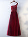 Popular A-line one shoulder tulle modest burgundy Evening dress long Prom dresses, PD0510