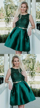 Two Pieces Beading Sleeveless Green Lace Appliques Short Homecoming Dress, HD0415