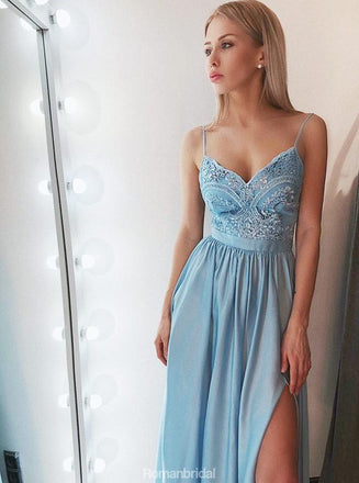 Spaghetti Straps Floor-length V-neck Sleeveless High Split Chiffon Prom Dresses, PD0560