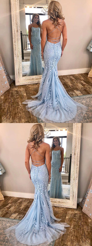 Mermaid Spaghetti Strap Appliques Lace Up Back Prom Dresses With Train, PD0558