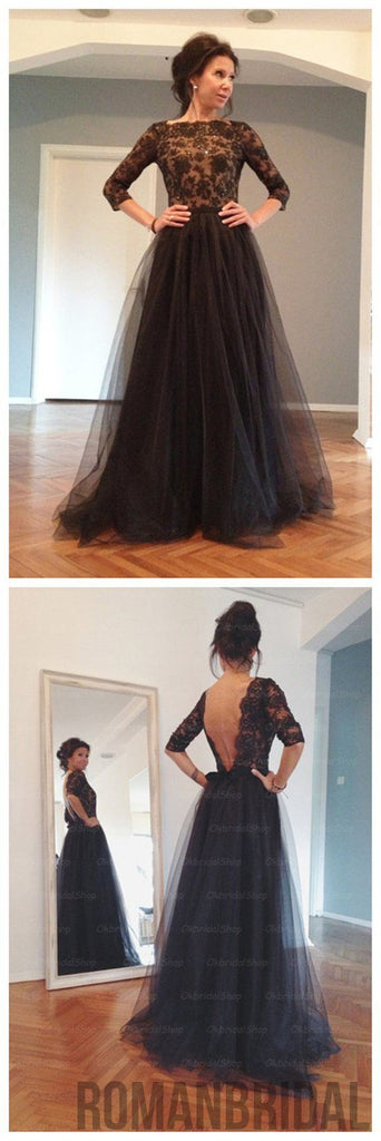 Black Lace  Long Sleeves Tulle  Backless Party Long  Fashion Prom Dresses, Evening Dress, PD0015