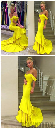 Yellow Off Shoulder Mermaid Sweetheart Party Cocktail Evening Long Prom Dresses Online,PD0162