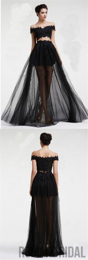 Black Two Pieces Off Shoulder Tulle  Lace Party Cocktail Evening Long Prom Dresses Online,PD0171