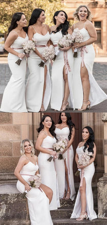 Simple Spaghetti Straps Mermaid Satin Side Slit Bridesmaid Dresses with belt, BG244