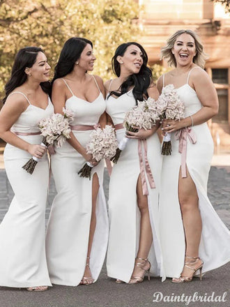 Simple Spaghetti Straps Mermaid Satin Side Slit Bridesmaid Dresses with belt, BG244