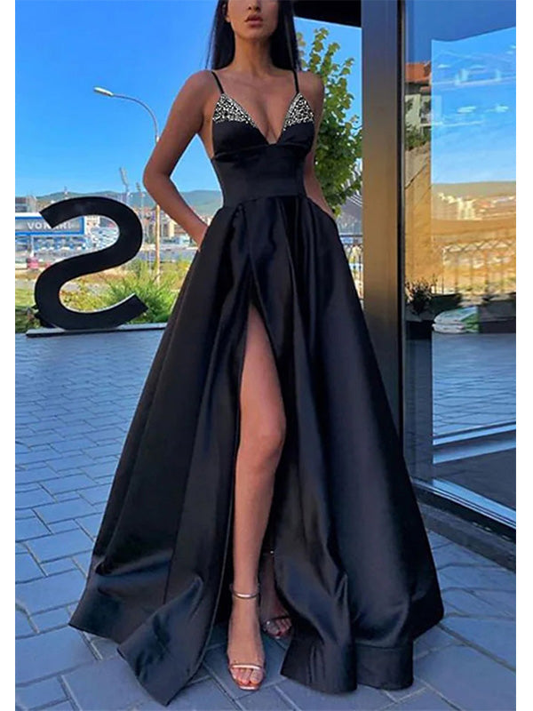 Black Deep V-neck A-line Prom Dress with Side Slit, OL639