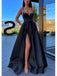 Black Deep V-neck A-line Prom Dress with Side Slit, OL639