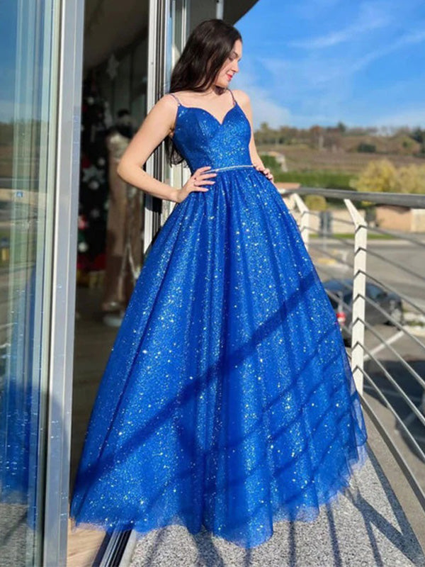 Blue A-Line Tulle Long Prom Dress Sparkly Formal Evening Dresses, OL676