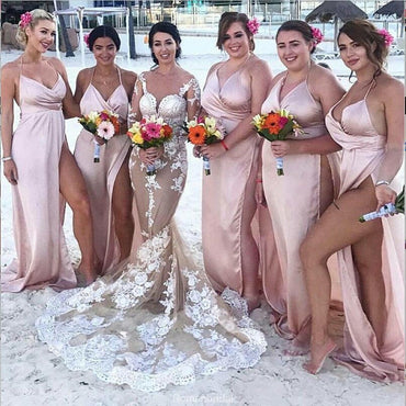 Floor-length Spaghetti Straps V-neck Sexy High Split Bridesmaid Dresses, BD0527