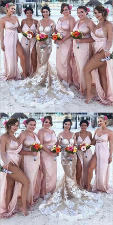 Floor-length Spaghetti Straps V-neck Sexy High Split Bridesmaid Dresses, BD0527