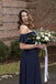 A-line Off-shoulder Navy Blue Chiffon Bridesmaid Dresses With Slit, BD0588