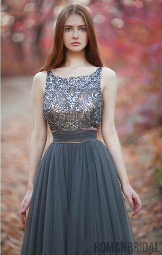 A Line Gray Tulle Two Piece Prom Dresses, Beading Sleeveless Floor Length prom dresses , PD0504
