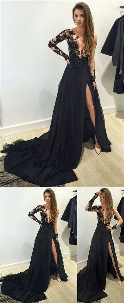 A-Line Tulle Long Sleeves High Split Lace Prom Dresses With Train, PD0542