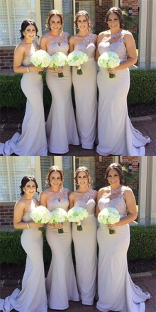 New arrival Elegant Mermaid One Shoulder Lace Appliques Bridesmaid Dress with Train, BD0447
