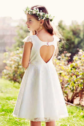 A-line Scoop Neck Lace Open-back Cap Sleeves Flower Girl Dresses, FG0149